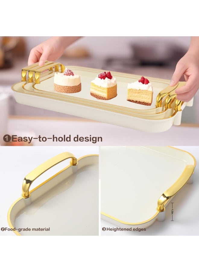 3 Rectangular Serving Tray with Handles Set of  Large Serving Platters 14.5/16.7/18.3 Inch White Plates for Dinner, Party, Entertaining, Cream Gold - Image 4